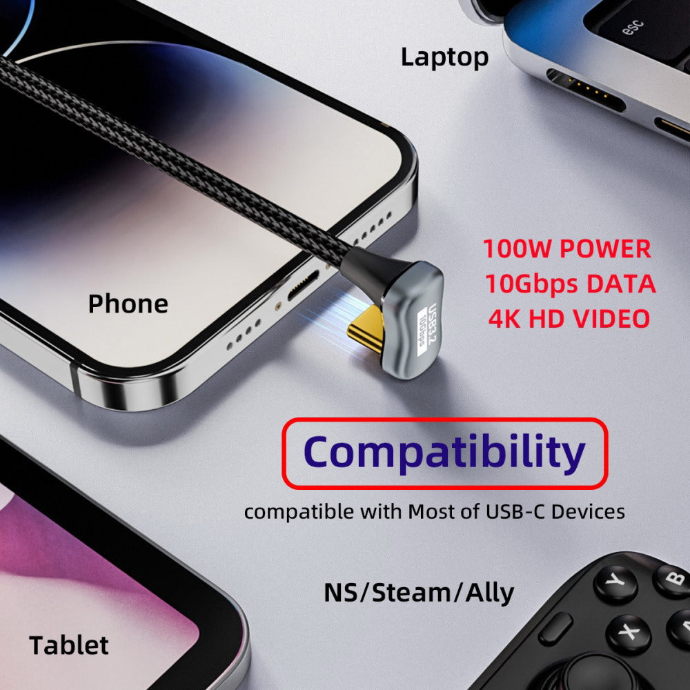 Opposite U Shape Back Angled USB-C USB 3.1 Type C Male to Male Extension Data Cable 10Gbps 100W with Sleeve UC-064-OS
