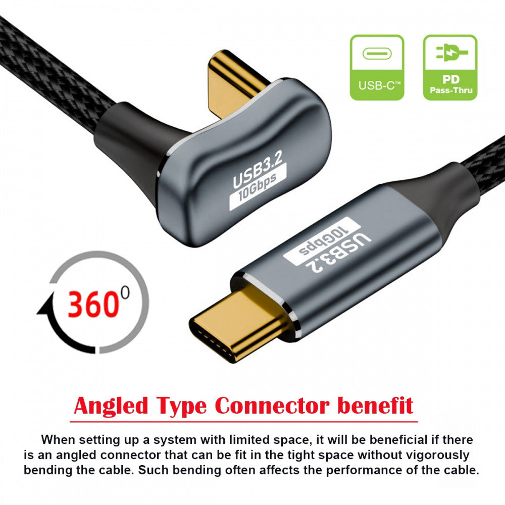 Opposite U Shape Back Angled USB-C USB 3.1 Type C Male to Male Extension Data Cable 10Gbps 100W with Sleeve UC-064-OS