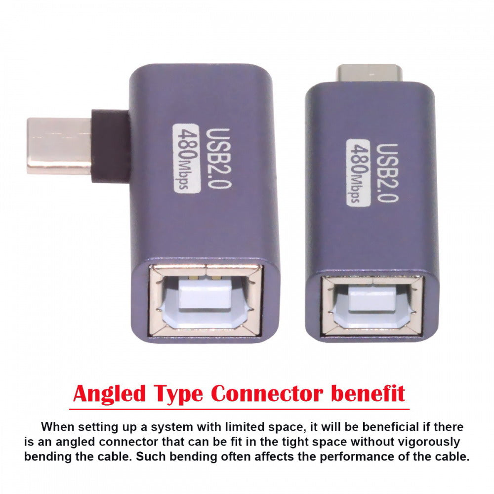 2pcs/lot USB 2.0 B Type Female to Type-C Male Angled & Straight Extension Adapter for Printer Phone Disk U2-010-CM