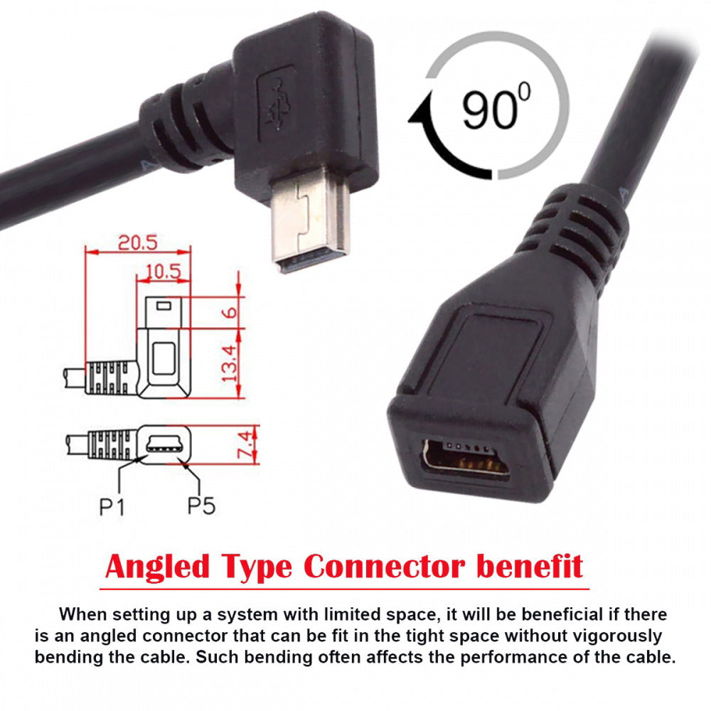 90 Degree Left Angled Mini USB 5Pin Male to Female Extension Cable 30cm for GPS Camera U2-049-LE