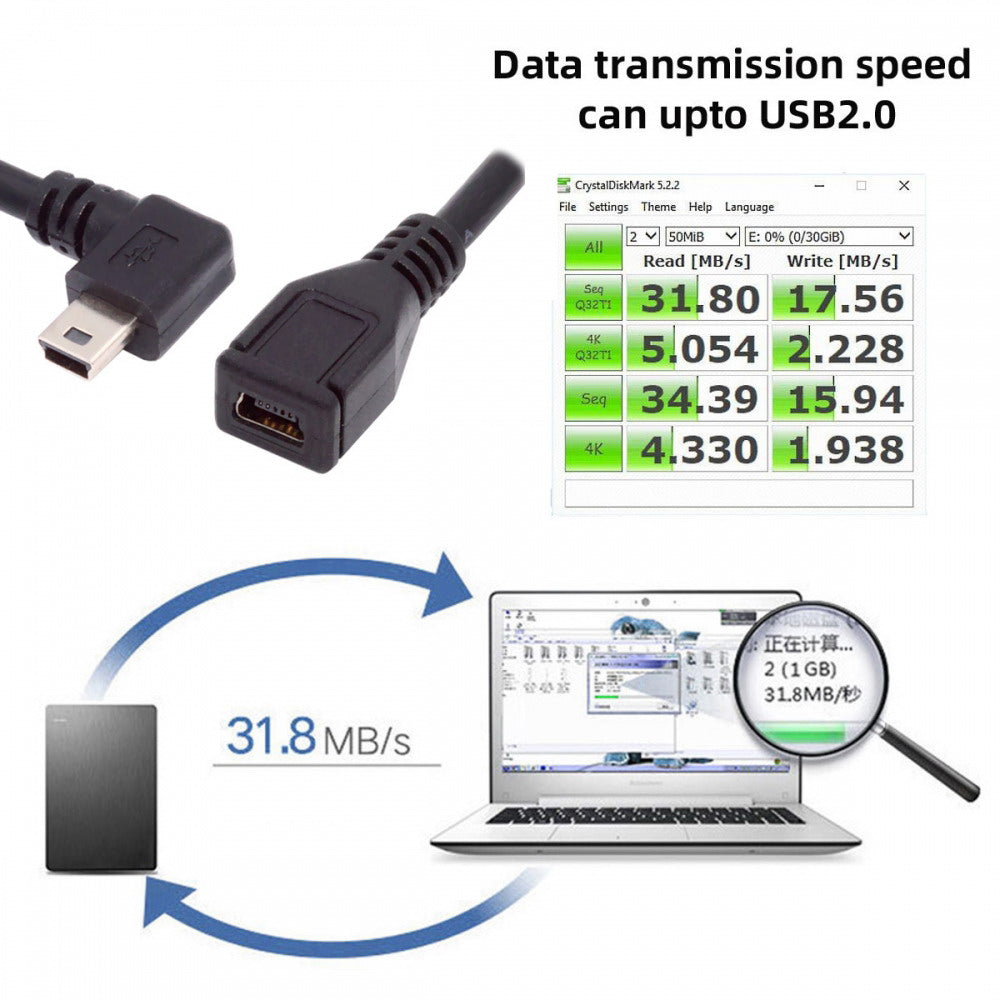 90 Degree Right Angled Mini USB 5Pin Male to Female Extension Cable 30cm for GPS Camera U2-049-RI