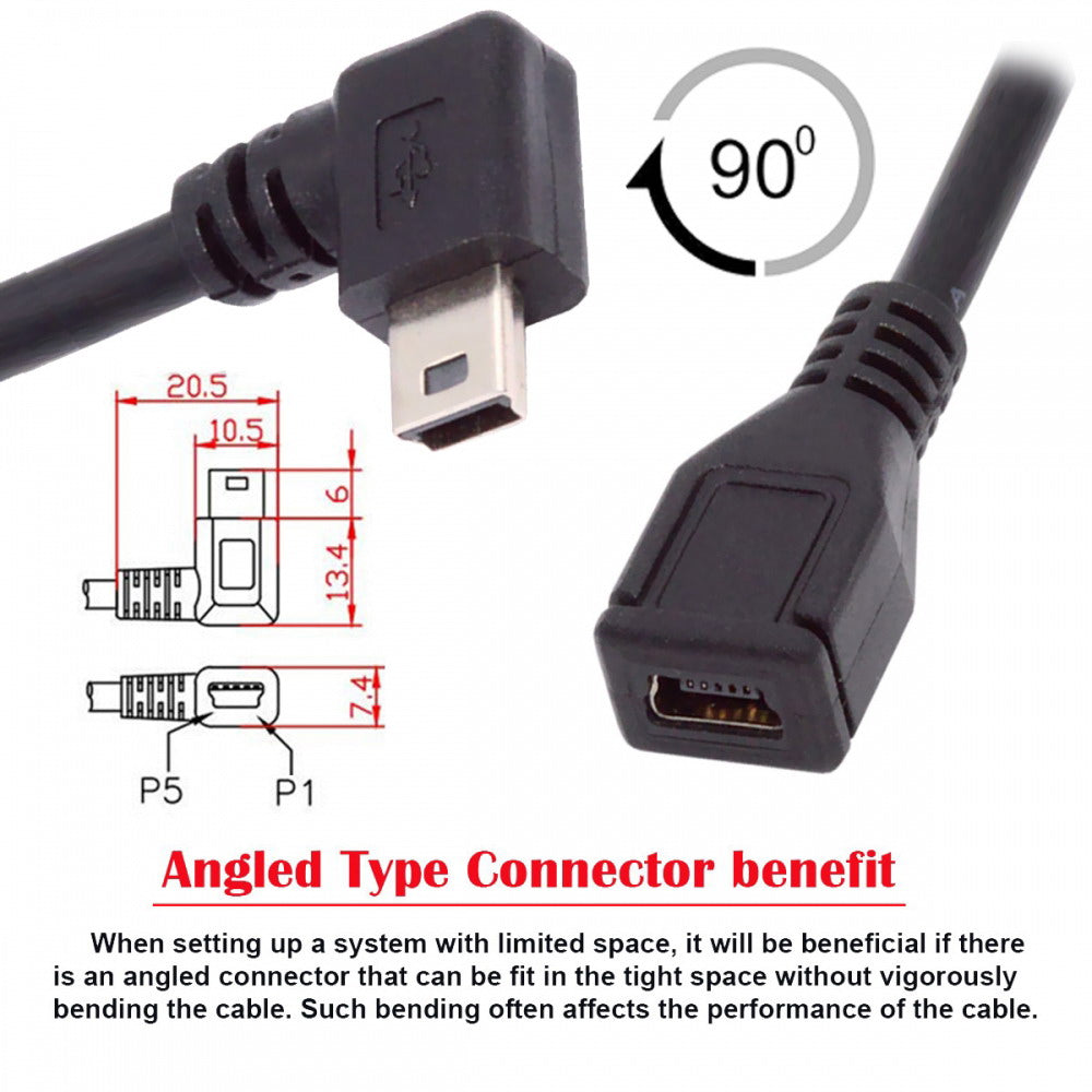 90 Degree Right Angled Mini USB 5Pin Male to Female Extension Cable 30cm for GPS Camera U2-049-RI