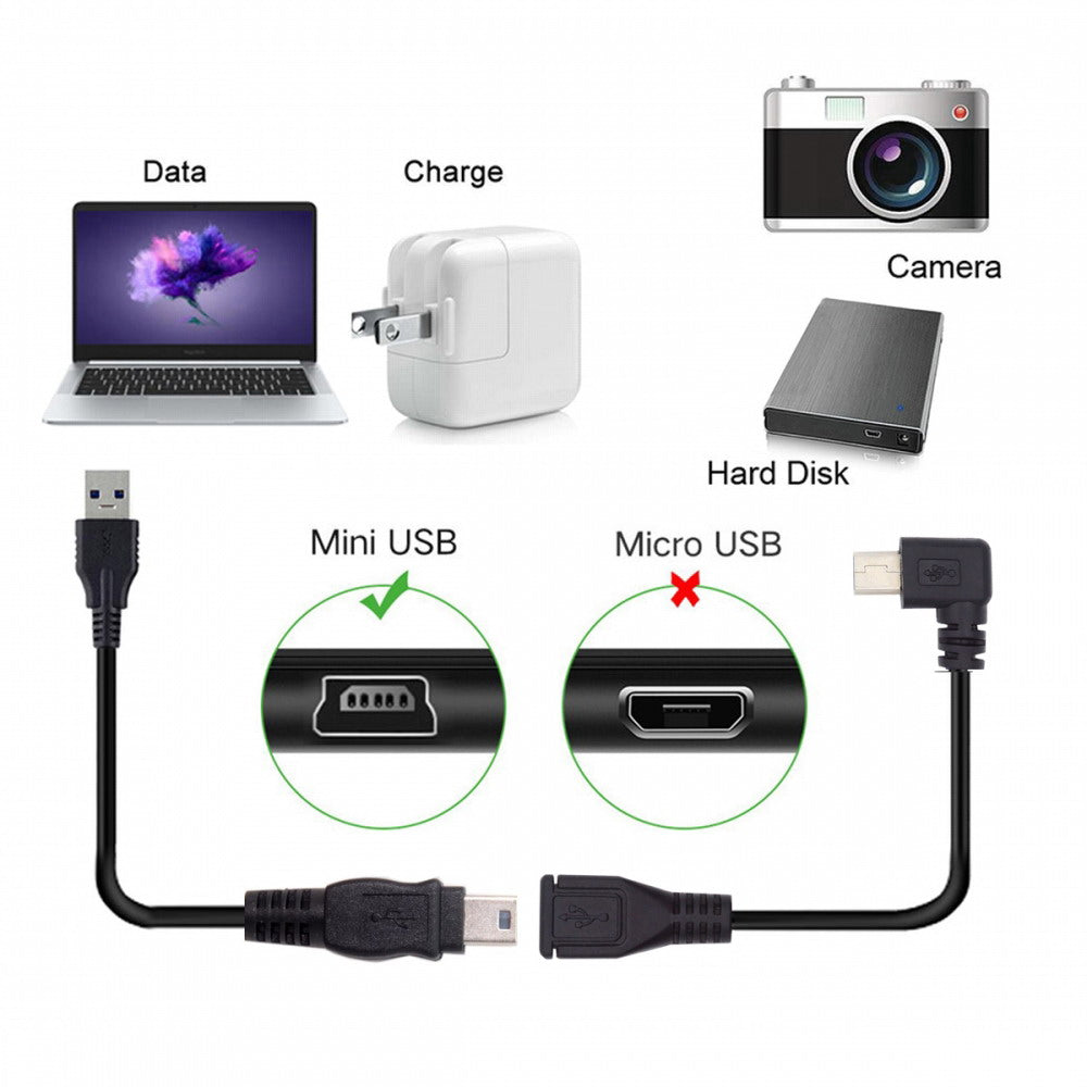 90 Degree Right Angled Mini USB 5Pin Male to Female Extension Cable 30cm for GPS Camera U2-049-RI