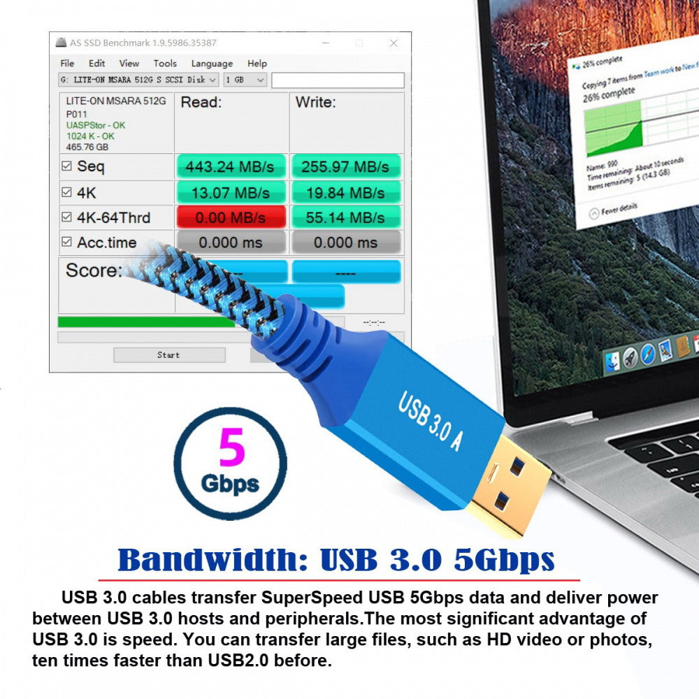 USB 3.0 Type-A Male to USB3.0 A Female Cable Extension Blue Sleeve 5Gbps for Disk SSD Camera Data U3-085-AF