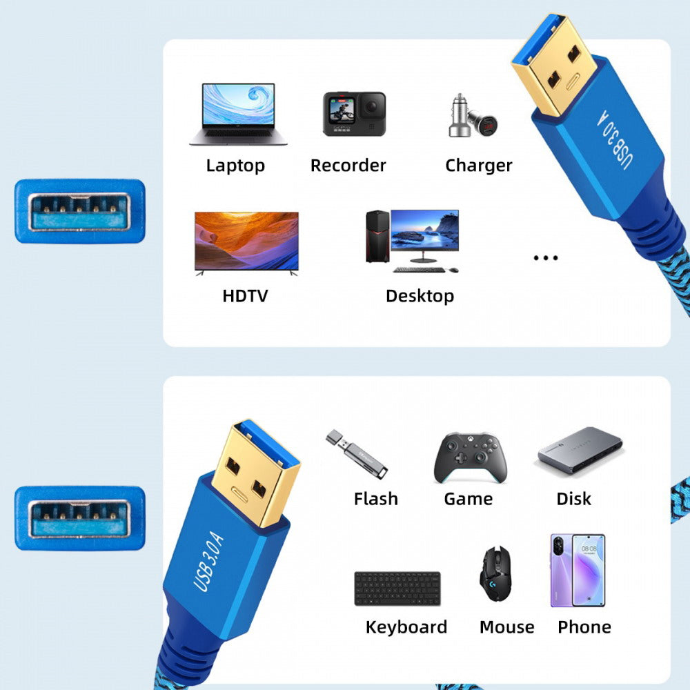USB 3.0 Type-A Male to USB3.0 A Male Cable Extension Blue Sleeve 5Gbps for Disk SSD Camera Data U3-085-AM