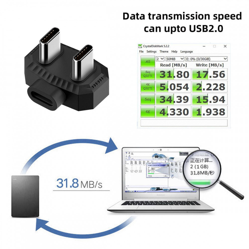 480Mbps USB-C Type-C Male to Male OTG Data Adapter with PD Power Opposite U Shape Back Angled for Phone MIC UC-009-PW