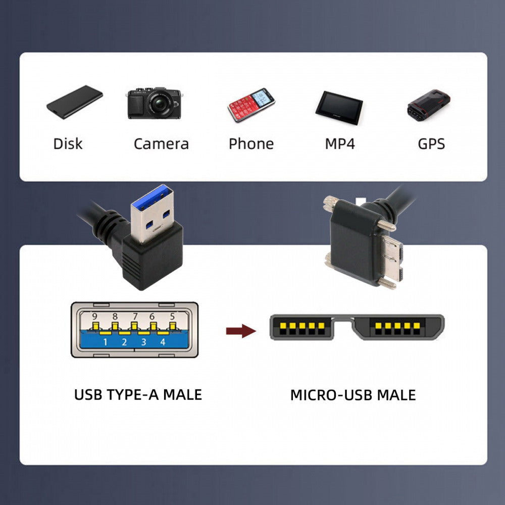 Down Angled 90 Degree USB 3.0 A Male to Micro-B 3.0 Plug Down Angled Locking Screw Panel Cable 25cm U3-078-DN