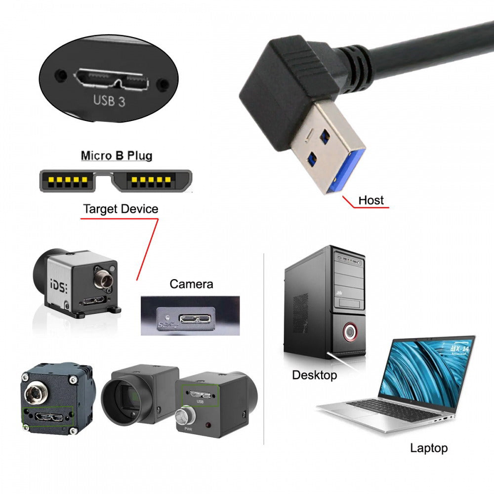 Down Angled 90 Degree USB 3.0 A Male to Micro-B 3.0 Plug Down Angled Locking Screw Panel Cable 25cm U3-078-DN
