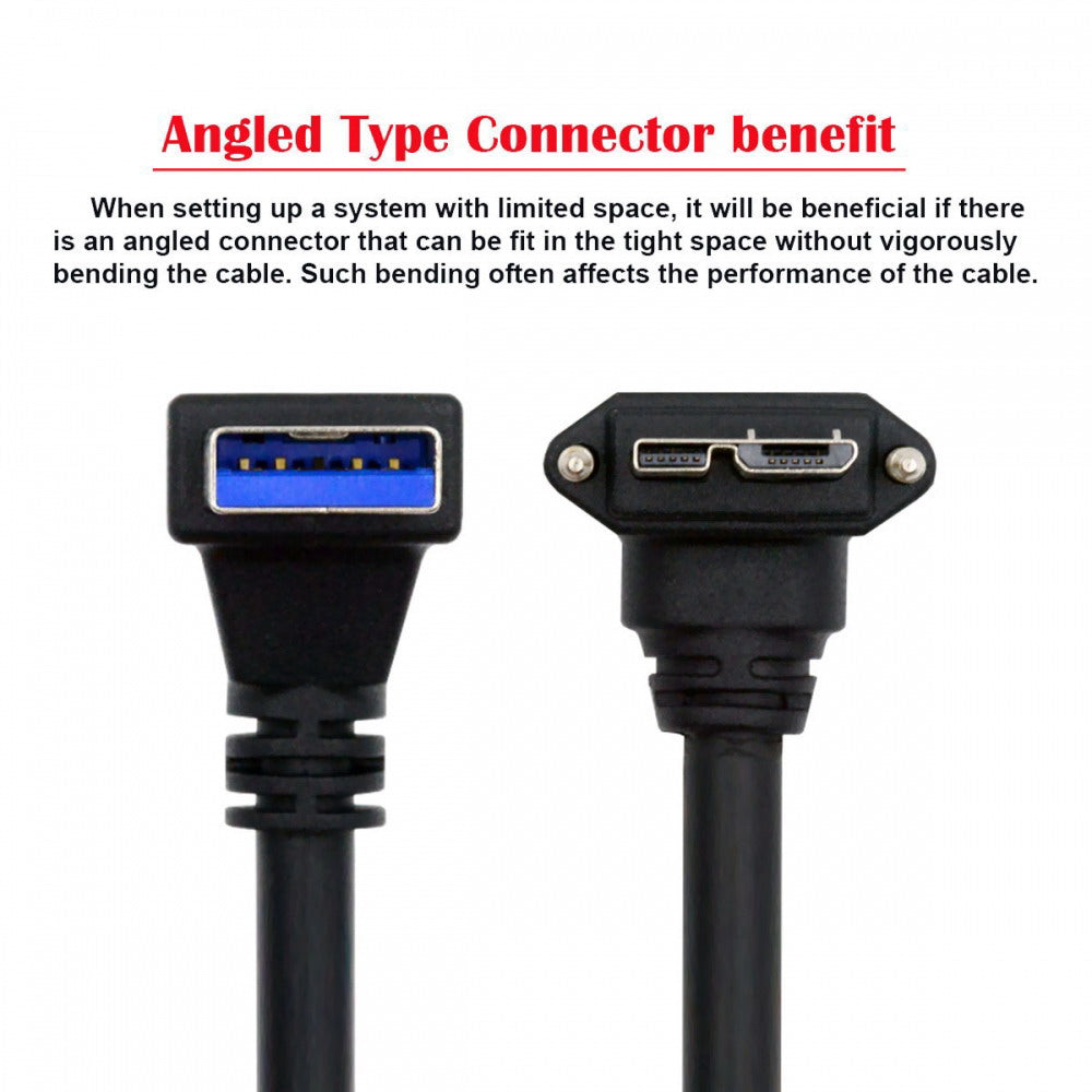 Down Angled 90 Degree USB 3.0 A Male to Micro-B 3.0 Plug Down Angled Locking Screw Panel Cable 25cm U3-078-DN