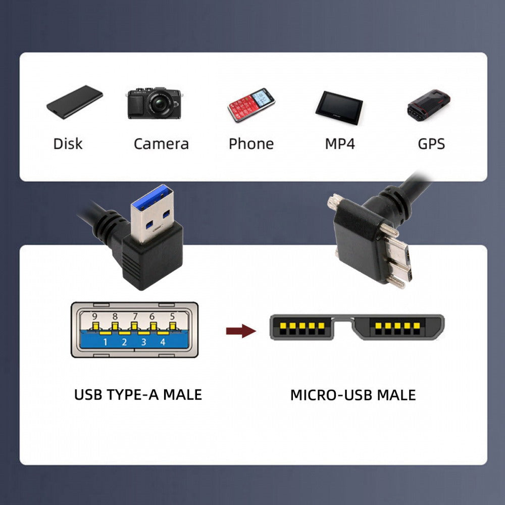 Down Angled 90 Degree USB 3.0 A Male to Micro-B 3.0 Plug Up Angled Locking Screw Panel Cable 25cm U3-078-UP