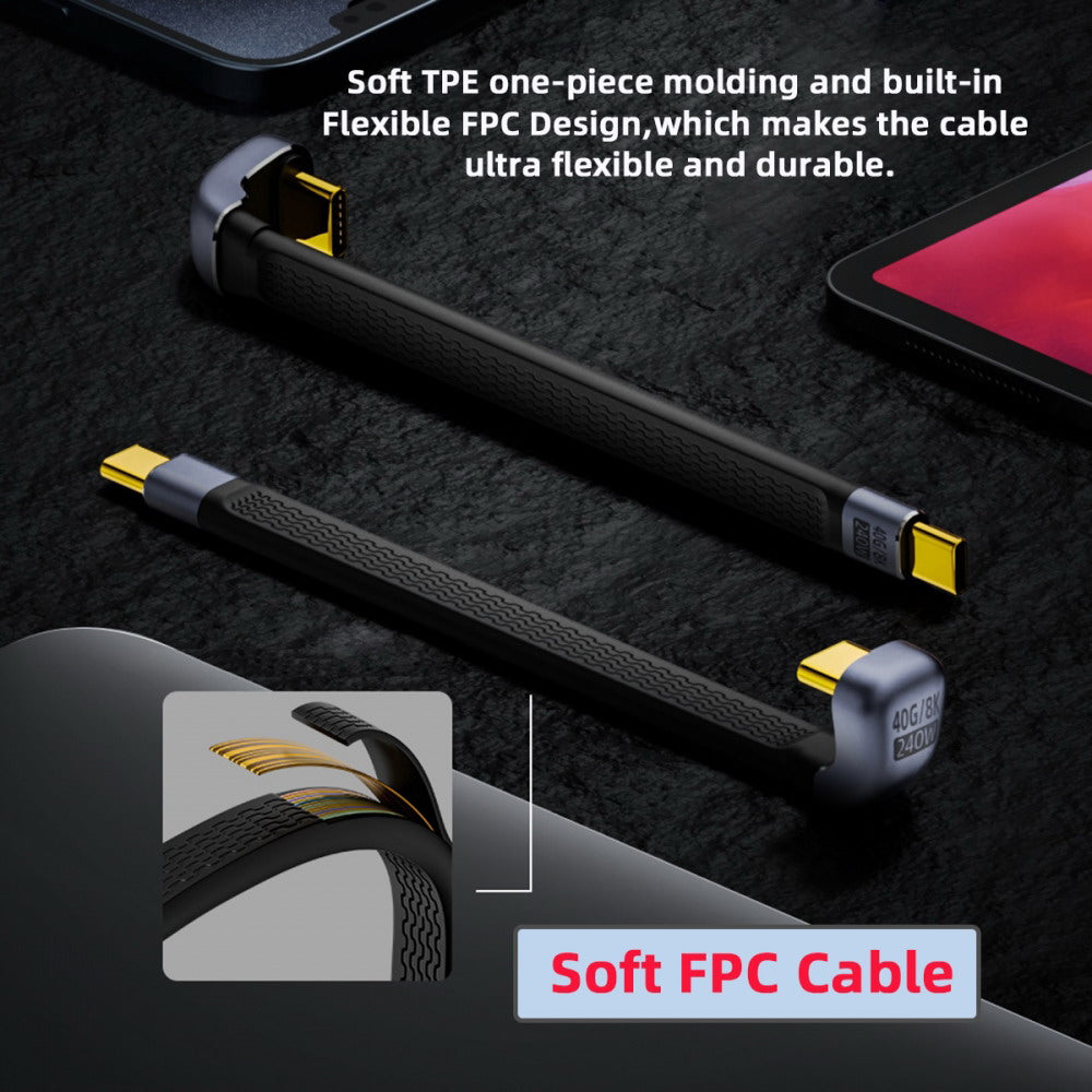 240W Type-C USB-C Male to Male USB4 40Gbps 100W 8K Flat Slim FPC Data Opposite U Shape Back Angled Cable for Laptop Phone 13cm UC-002-0.13S