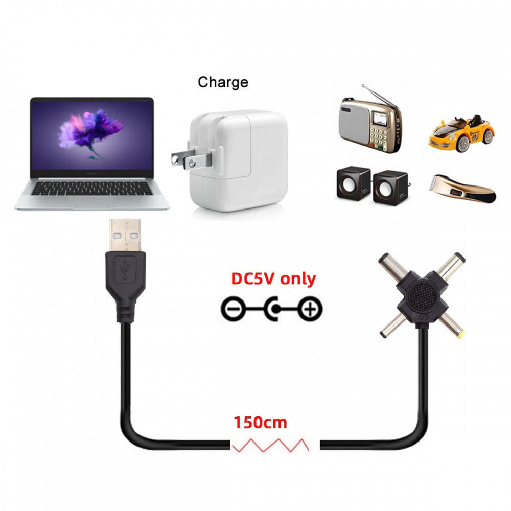 USB 2.0 Type-A Male to 4-in-1 DC 5V 5.5x2.5mm 5.5x2.1mm 4.0x1.7mm 3.5x1.3mm Power Plug Barrel Connector Charge Cable PW-010-AM