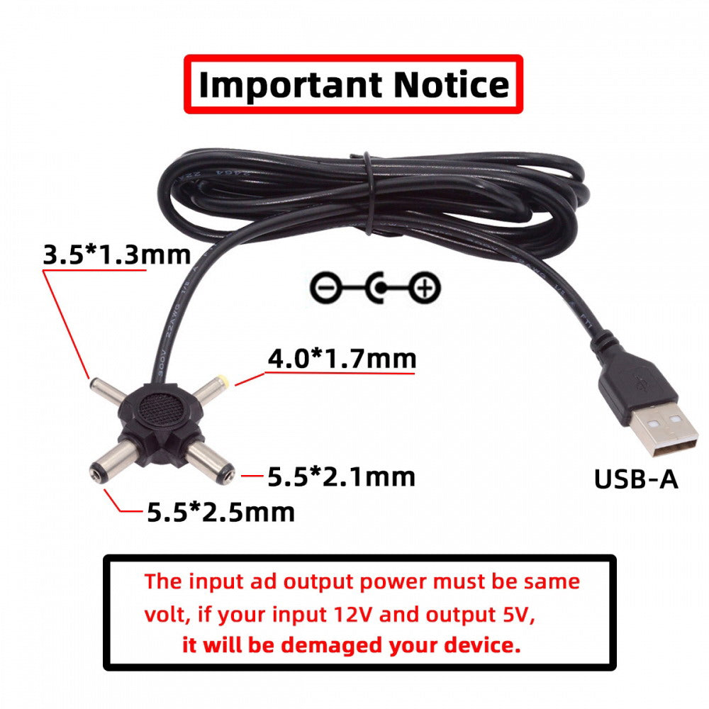 USB 2.0 Type-A Male to 4-in-1 DC 5V 5.5x2.5mm 5.5x2.1mm 4.0x1.7mm 3.5x1.3mm Power Plug Barrel Connector Charge Cable PW-010-AM
