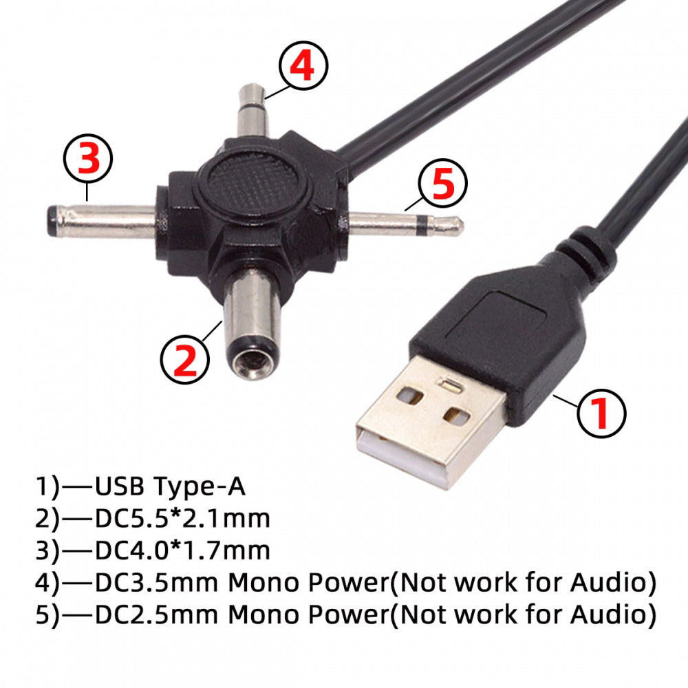 USB 2.0 Type-A Male to 4-in-1 DC 5V 5.5x2.1mm 4.0x1.7mm Mono 3.5mm 2.5mm Power Plug Barrel Connector Charge Cable PW-010-MO