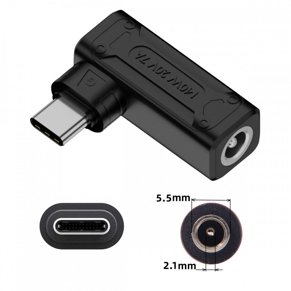 140W 100W DC Jack 5.5x2.1mm Input to USB-C Type-C Angled 90 Degree Power Plug Charge Adapter for Laptop Phone UC-066-5521MM