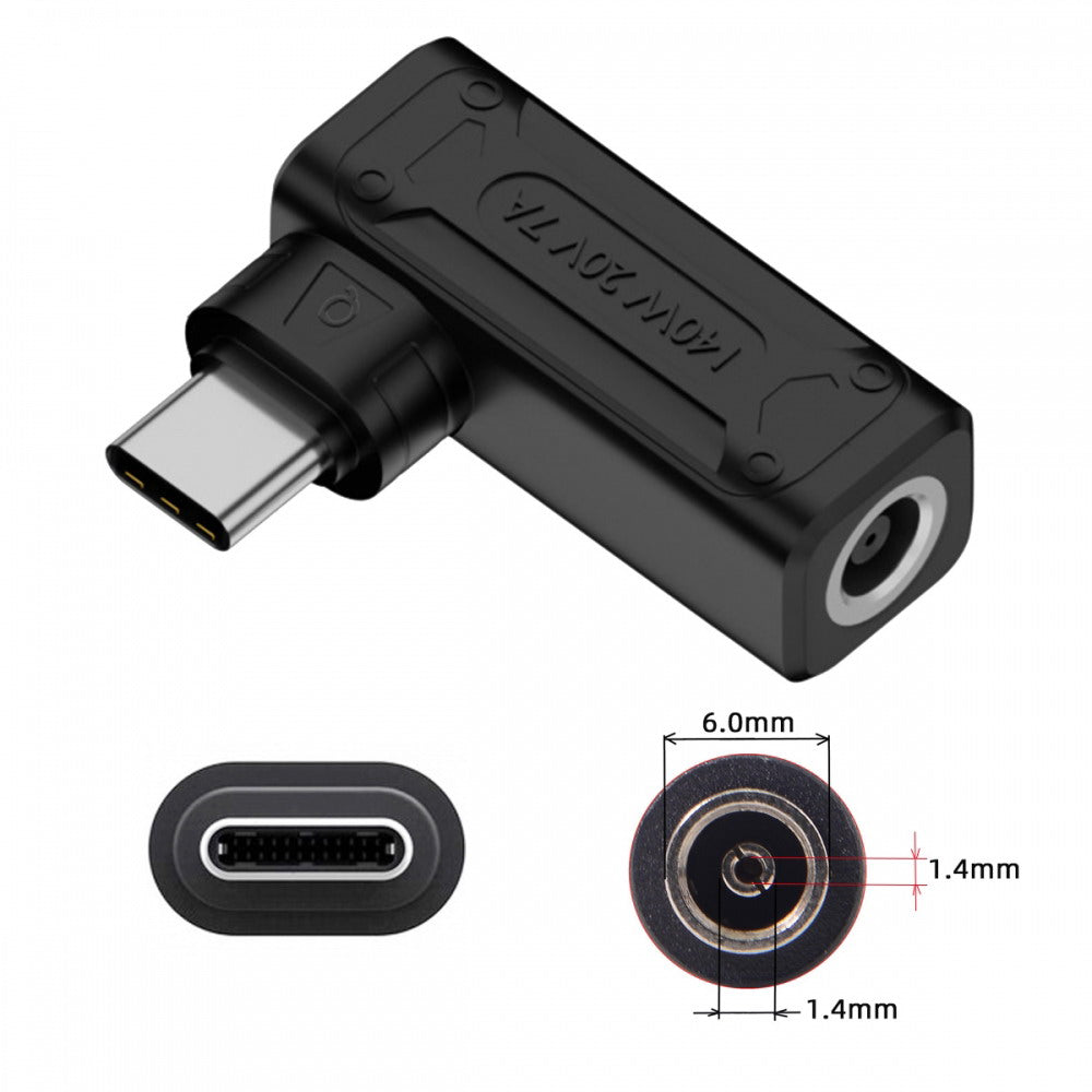 140W 100W DC Jack 6.0x1.4mm Input to USB-C Type-C Angled 90 Degree Power Plug Charge Adapter for Laptop Phone UC-066-6014MM