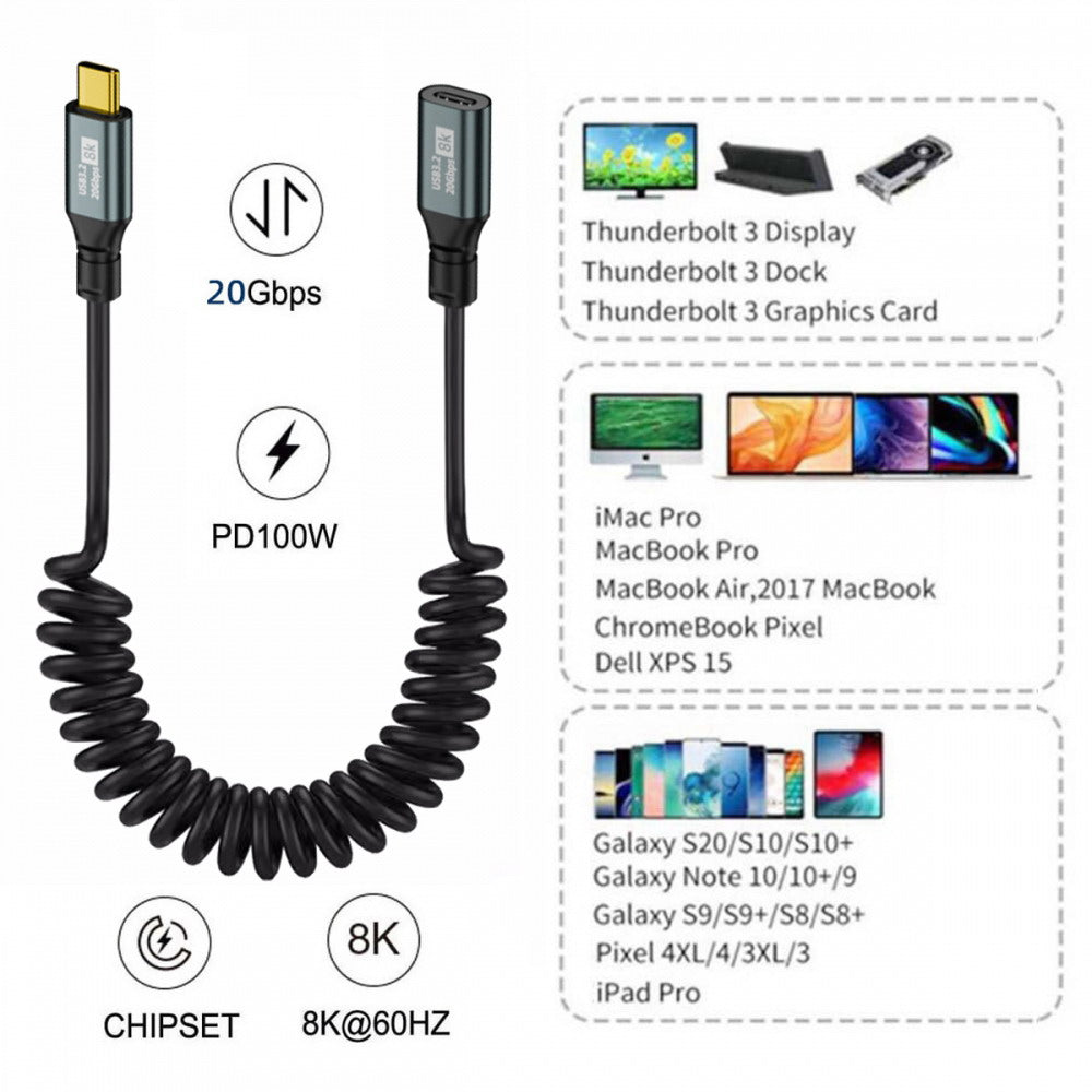 Stretch Coiled USB-C USB4 Cable 20Gbps 100W 8K for Laptop Keyboard Tablet Type-C Male to Female Extension Cable Power & Data UC-164-CF-1.8M