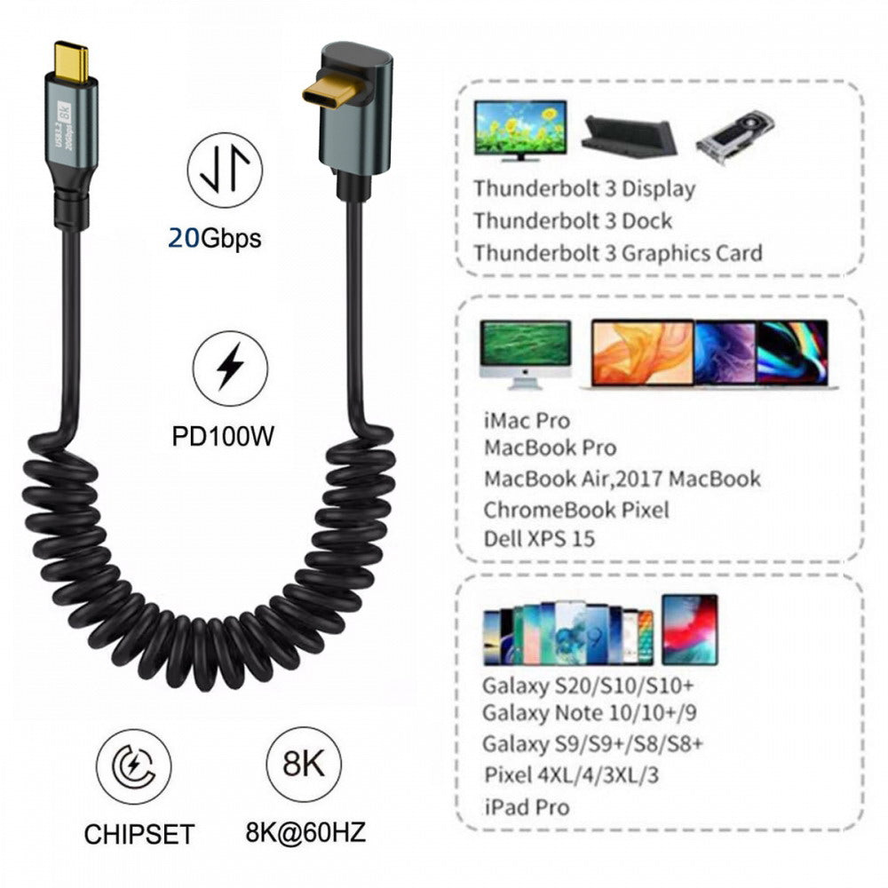 Stretch Coiled USB-C USB4 Cable 20Gbps 100W 8K Type-C Up Angled Male to Male Cable Power & Data for Laptop Keyboard Tablet UC-164-UP-1.8M