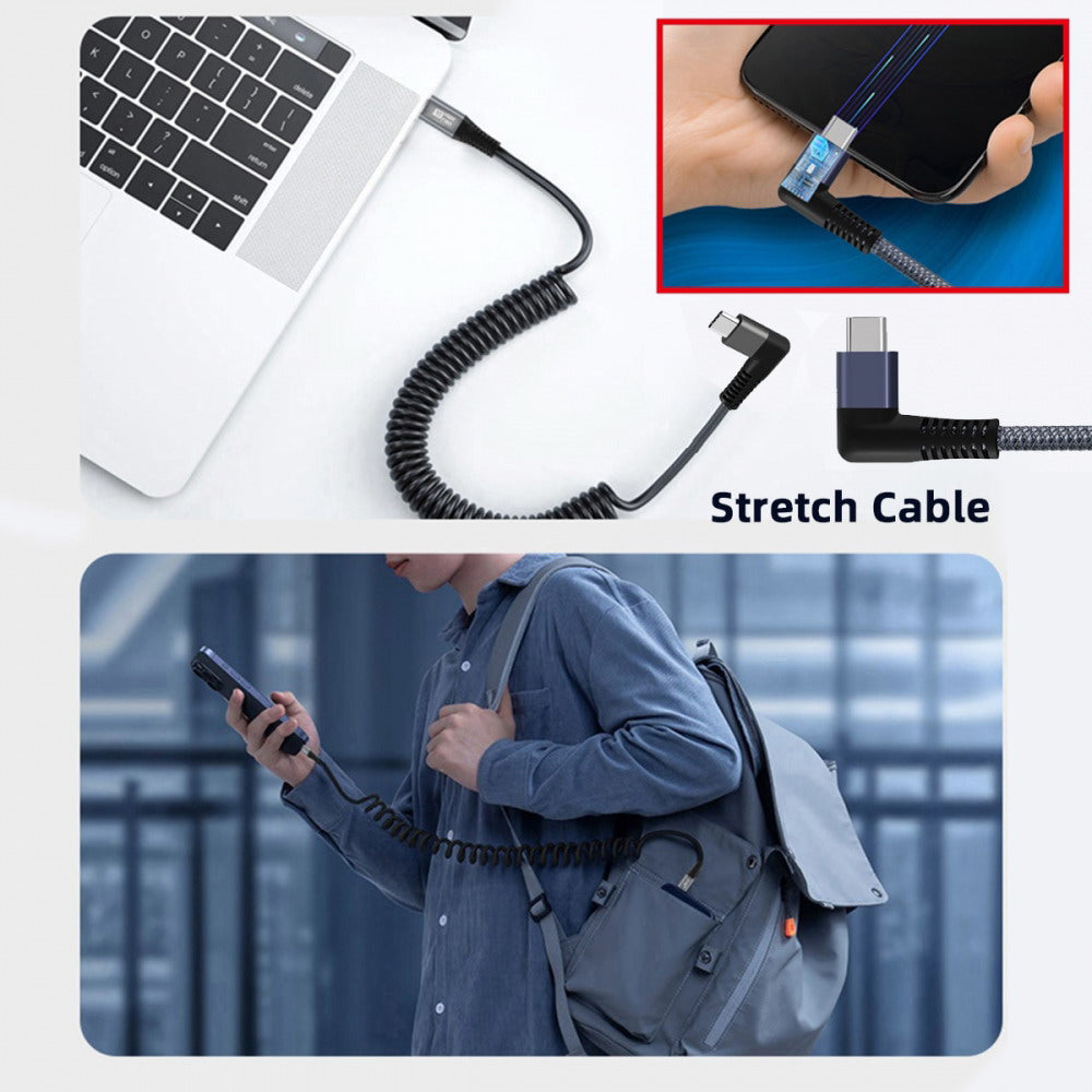 Stretch Coiled USB-C USB4 Cable 20Gbps 100W 8K Type-C Right Angled Male to Male Cable Power & Data for Laptop Keyboard Tablet UC-164-RI-1.8M
