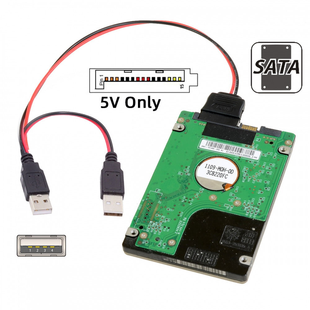 DC 5V Dual USB to SATA 15Pin Power Cable for 2.5 inch SATA HDD SSD Disk Driver 5V 2A Max U2-070-2P
