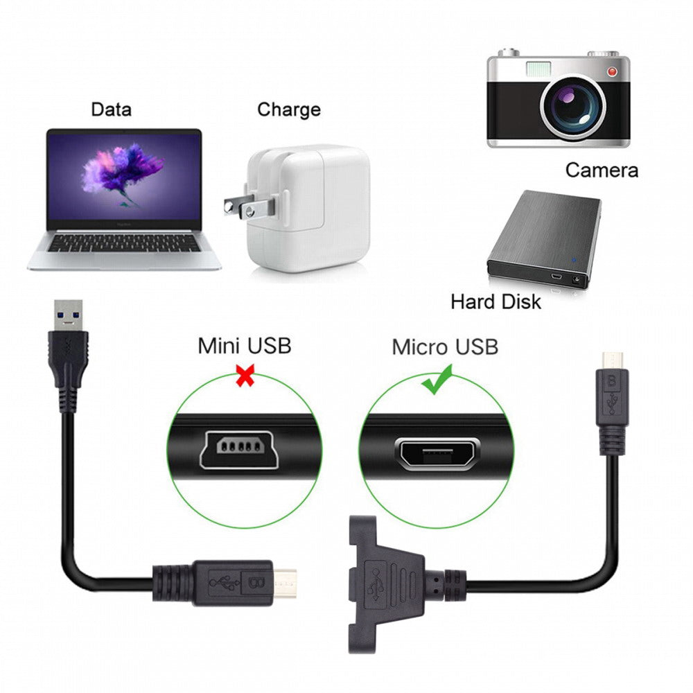 Micro USB 5Pin Male to Female Extension Panel Mount Type Cable with Screws 50cm U2-097-BK