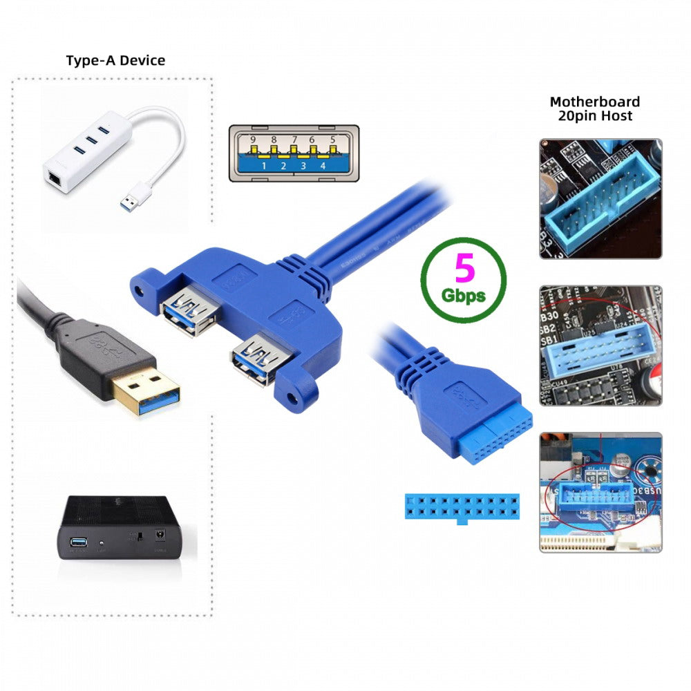 Internal Dual USB 3.0 Female Mount Panel to Motherboard 20pin Cable with PCI Bracket 50cm U3-066-2P