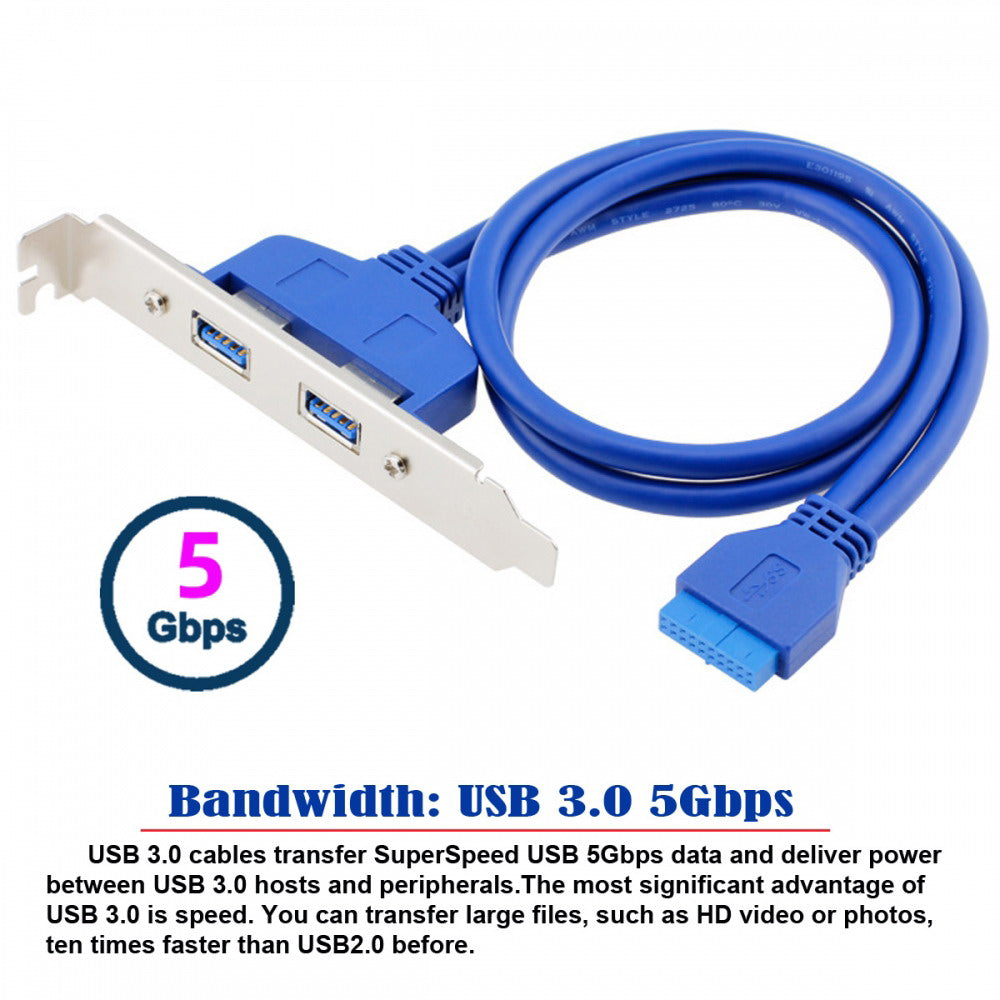 Internal Dual USB 3.0 Female Mount Panel to Motherboard 20pin Cable with PCI Bracket 50cm U3-066-2P