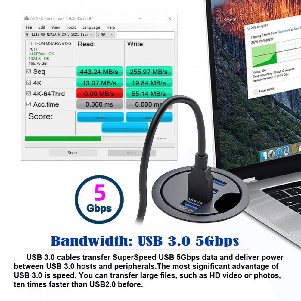 USB 3.0 Hub 4 Port USB 60mm Desk Grommet Splitter Dock Station Interface for Desktop PC Desk U3-095-HUB01