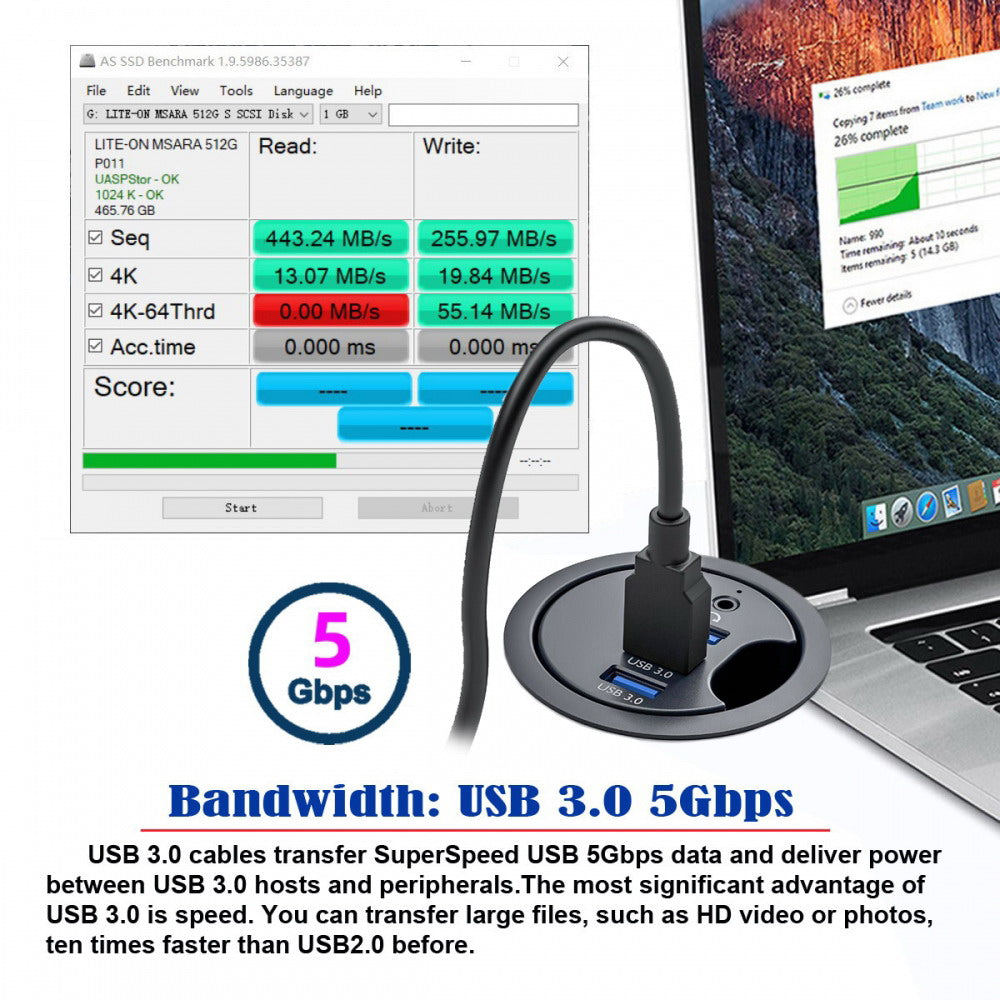 USB 3.0 Hub Sound Card 3 Port USB 60mm Desk Grommet Splitter Dock Station Headphone Mic Audio Interface for Desktop PC U3-095-HUB03