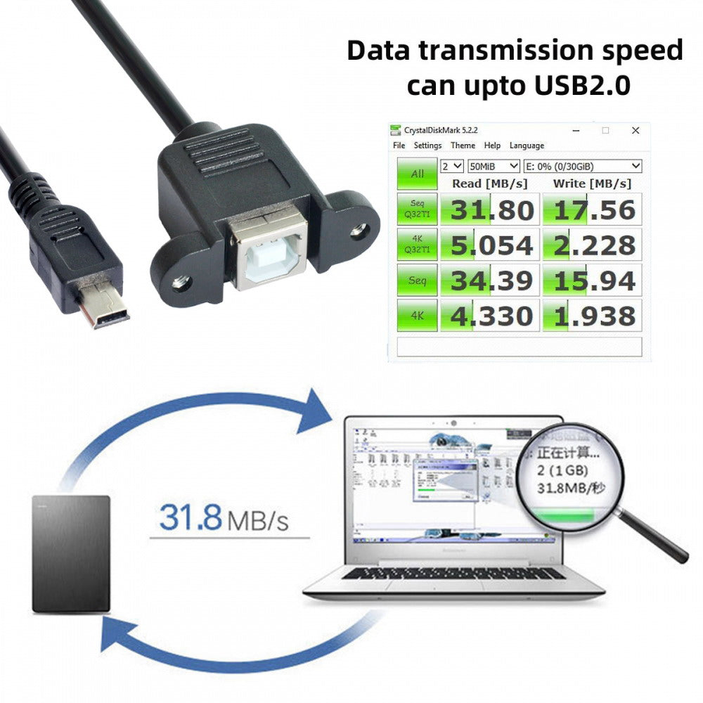 Mini USB B Type 5pin Male to USB 2.0 B Type Female Data Cable Panel Mount Type U2-059-BK