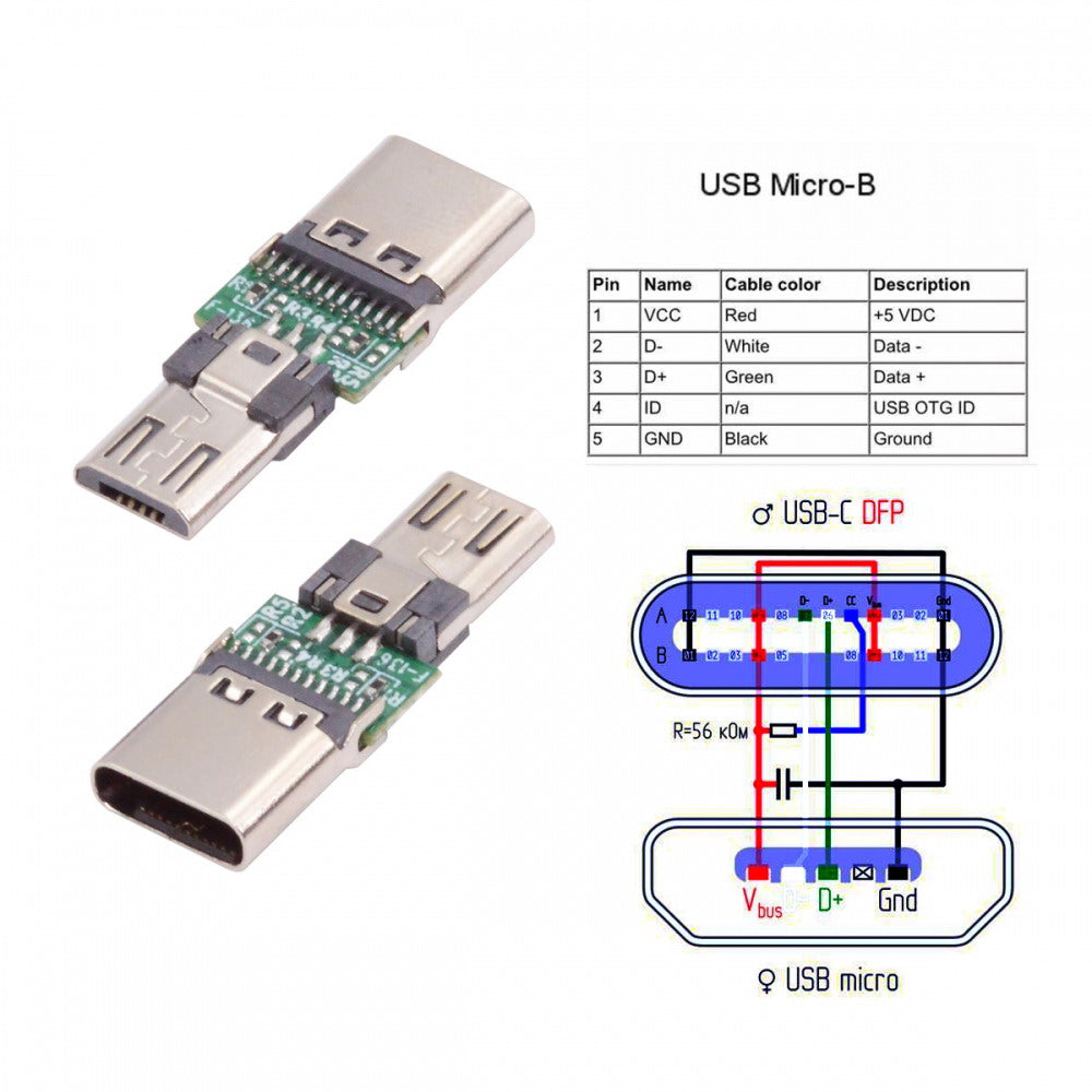 5pcs/lot Micro USB 2.0 5Pin Male Connector to USB Type-C Female Power Data PCBA Adapter for Tablet Phone Laptop CN-016-CF