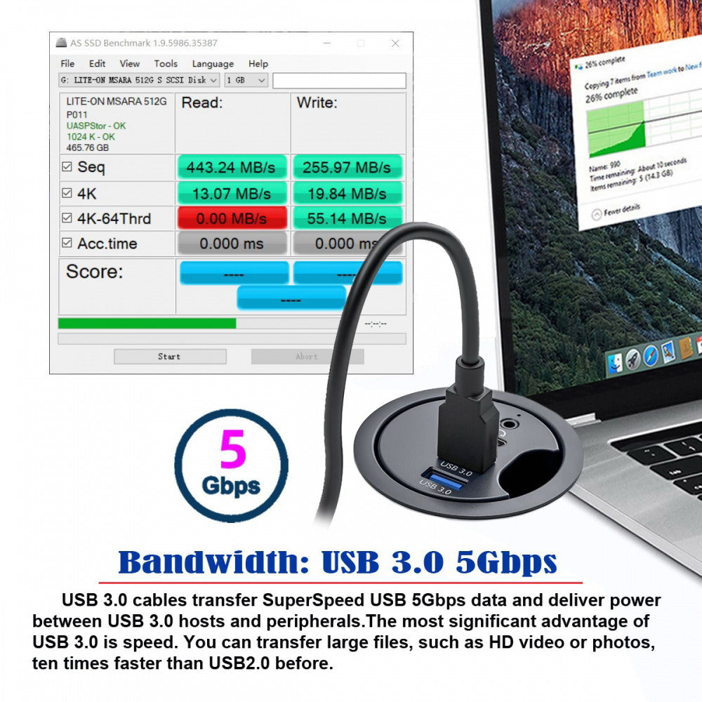 USB 3.0 Hub Sound Card USB-C 2 Port USB 60mm Desk Grommet Splitter Dock Station Headphone Mic Audio Interface for Desktop PC Desk U3-095-HUB05