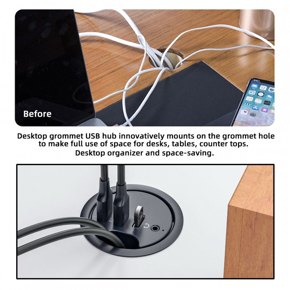 USB 3.0 Hub Sound Card USB-C 2 Port USB 60mm Desk Grommet Splitter Dock Station Headphone Mic Audio Interface for Desktop PC Desk U3-095-HUB05