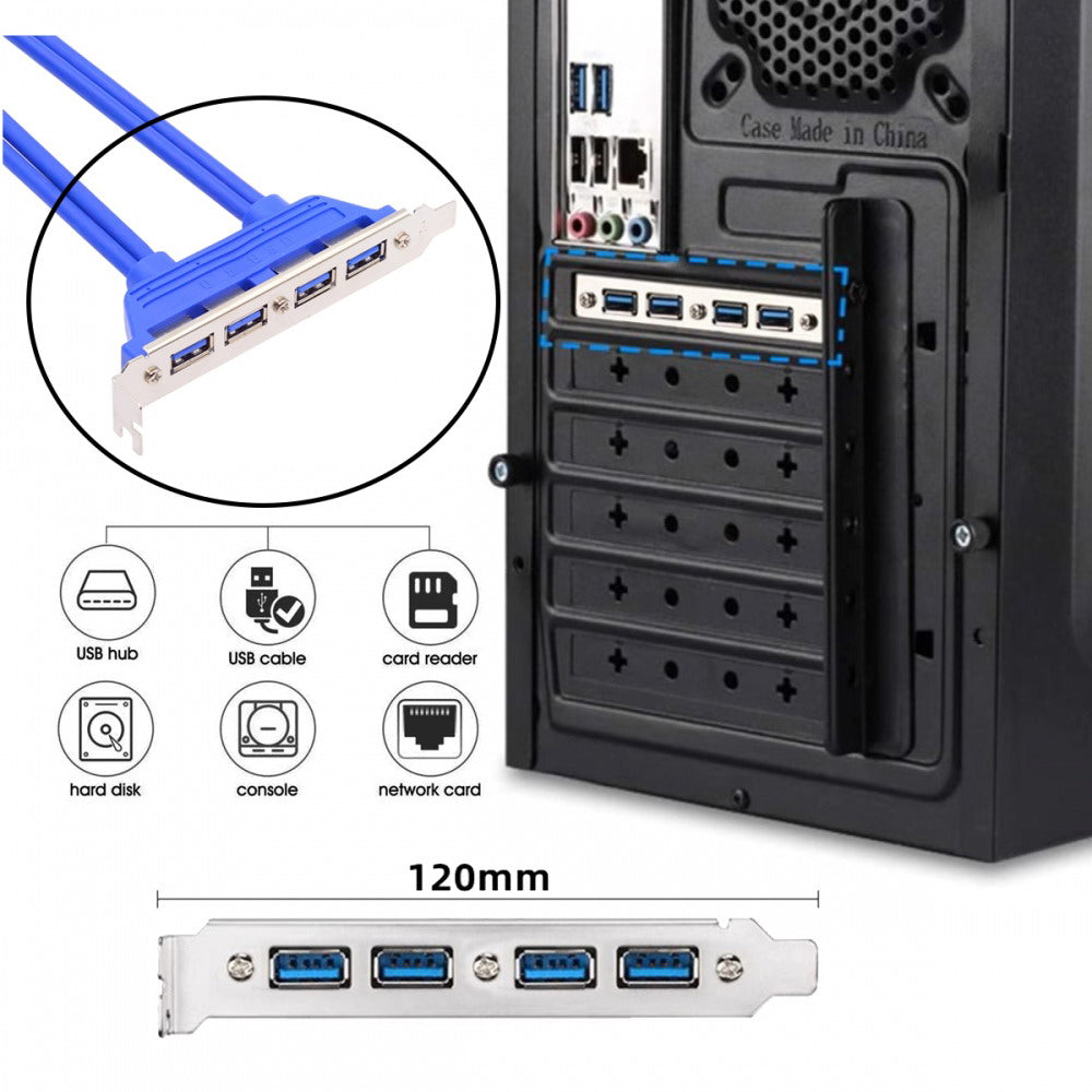 Internal Four Ports USB 3.0 Female Mount Panel to Motherboard 20pin Baffle Cable with PCI Bracket 50cm U3-066-4P