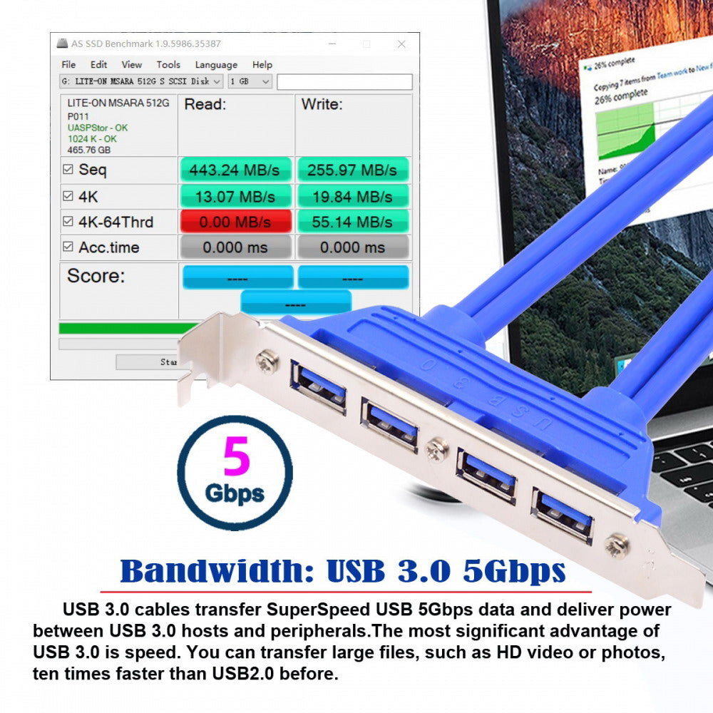 Internal Four Ports USB 3.0 Female Mount Panel to Motherboard 20pin Baffle Cable with PCI Bracket 50cm U3-066-4P