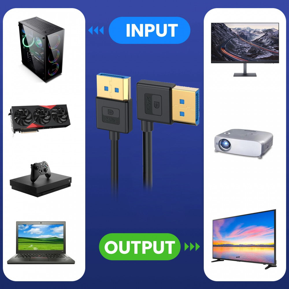 Ultrafine Left Angled DisplayPort 1.4 DP to DP Cable 8K 60hz Cable Ultra-HD UHD 4K 144hz 90 Degree for Desktop Laptop Monitor 100cm DP-011-LE
