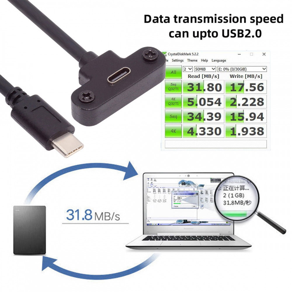 USB-C 480Mbps Type-C Male to Up Angled Female Extension Data Screw Locking Cable for Camera VR UC-171-0.3M