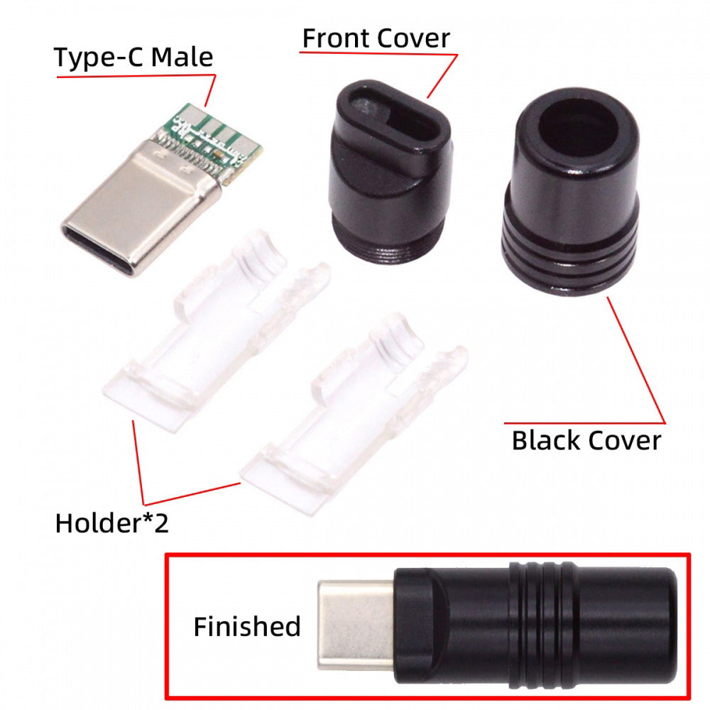 USB 3.1 Type-C Male Plug Connector Solder Type with Aluminum Alloy Shell Black Customization for 4.0mm~6.0mm Cable CN-026-BK