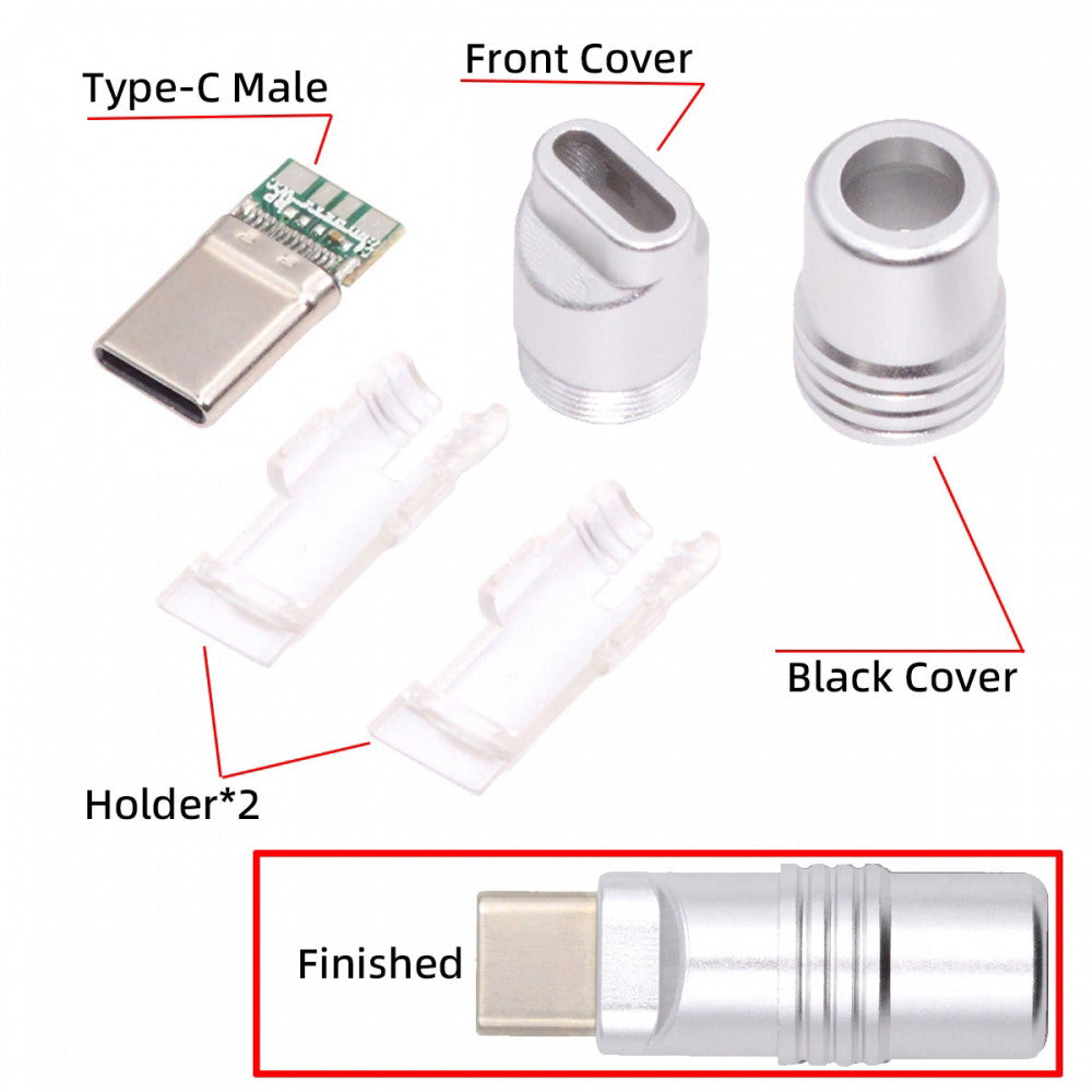 USB 3.1 Type-C Male Plug Connector Solder Type with Aluminum Alloy Shell Silver Customization for 4.0mm~6.0mm Cable CN-026-SL