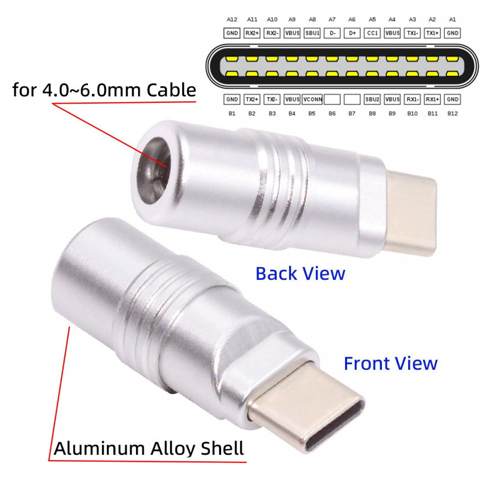 USB 3.1 Type-C Male Plug Connector Solder Type with Aluminum Alloy Shell Silver Customization for 4.0mm~6.0mm Cable CN-026-SL