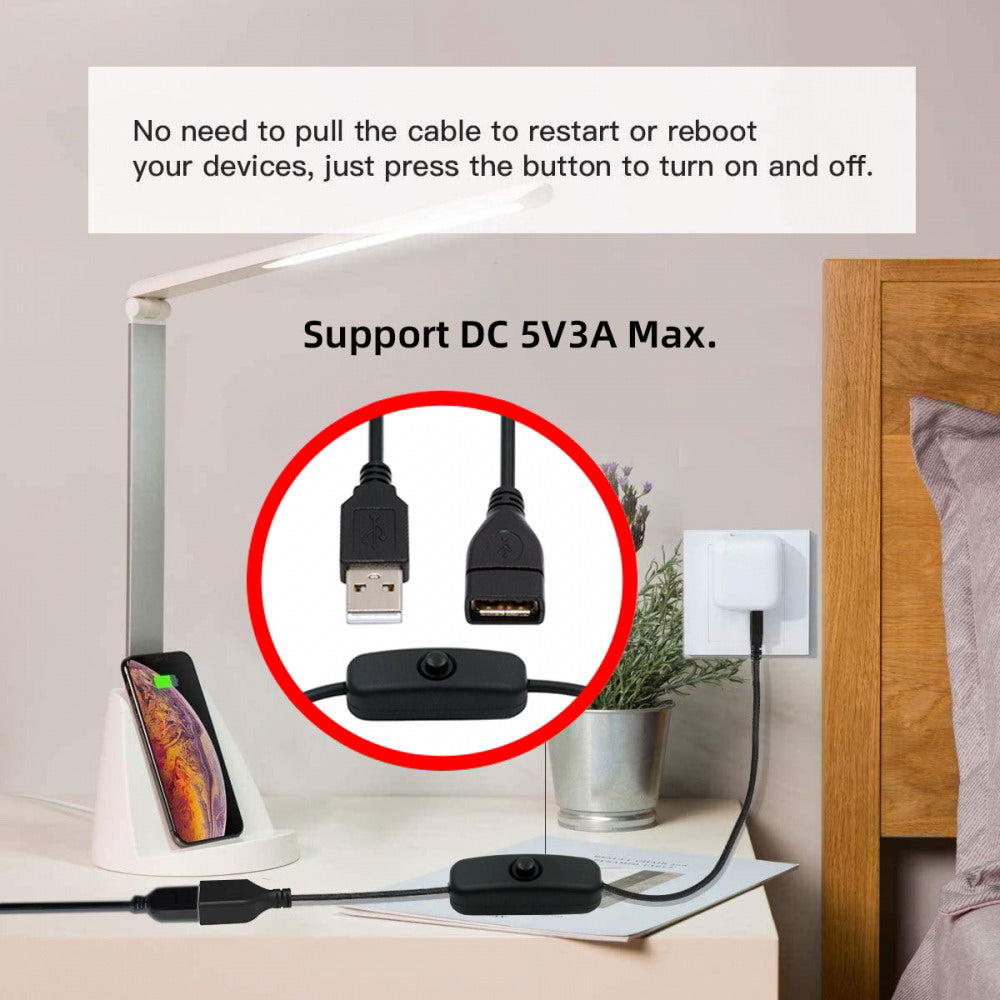 USB2.0 Cable with On Off Power Switch Button USB Type-A Male to Female for DC 5V Desk Lamp Fan Camera PW-012-AM
