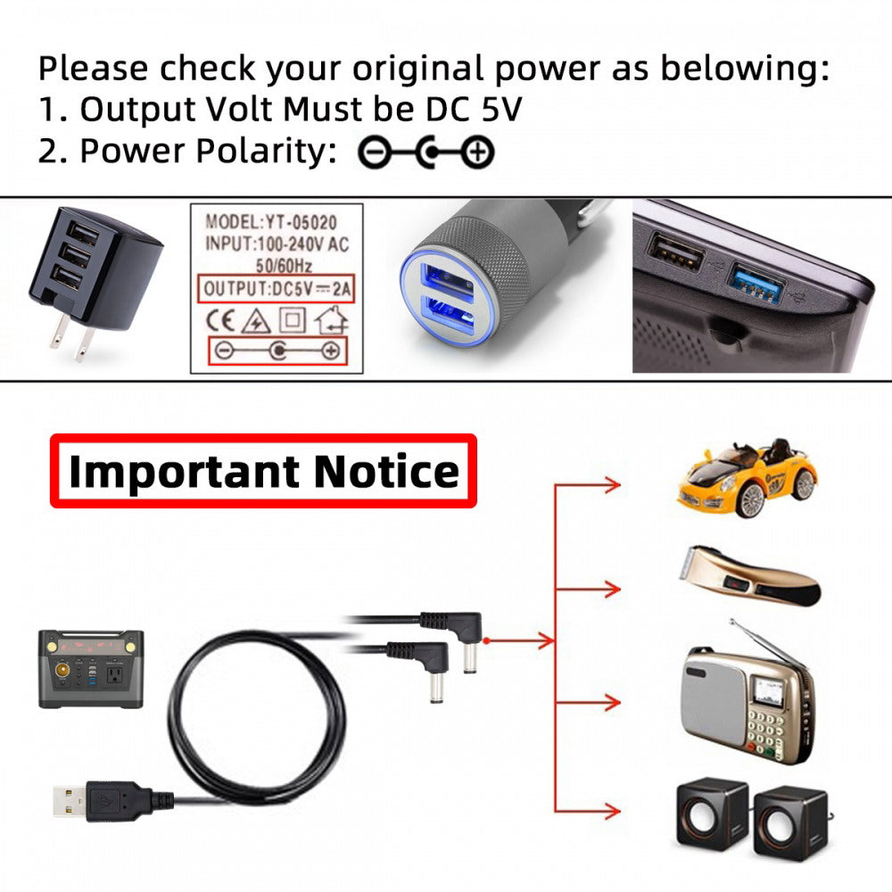USB Type-A Male to Dual 5.5x2.1mm DC 5V Power Plug Splitter Right Angled 90 Degree Connector Charge Cable U2-077-RI