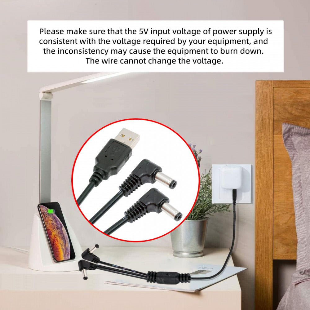 USB Type-A Male to Dual 5.5x2.1mm DC 5V Power Plug Splitter Right Angled 90 Degree Connector Charge Cable U2-077-RI