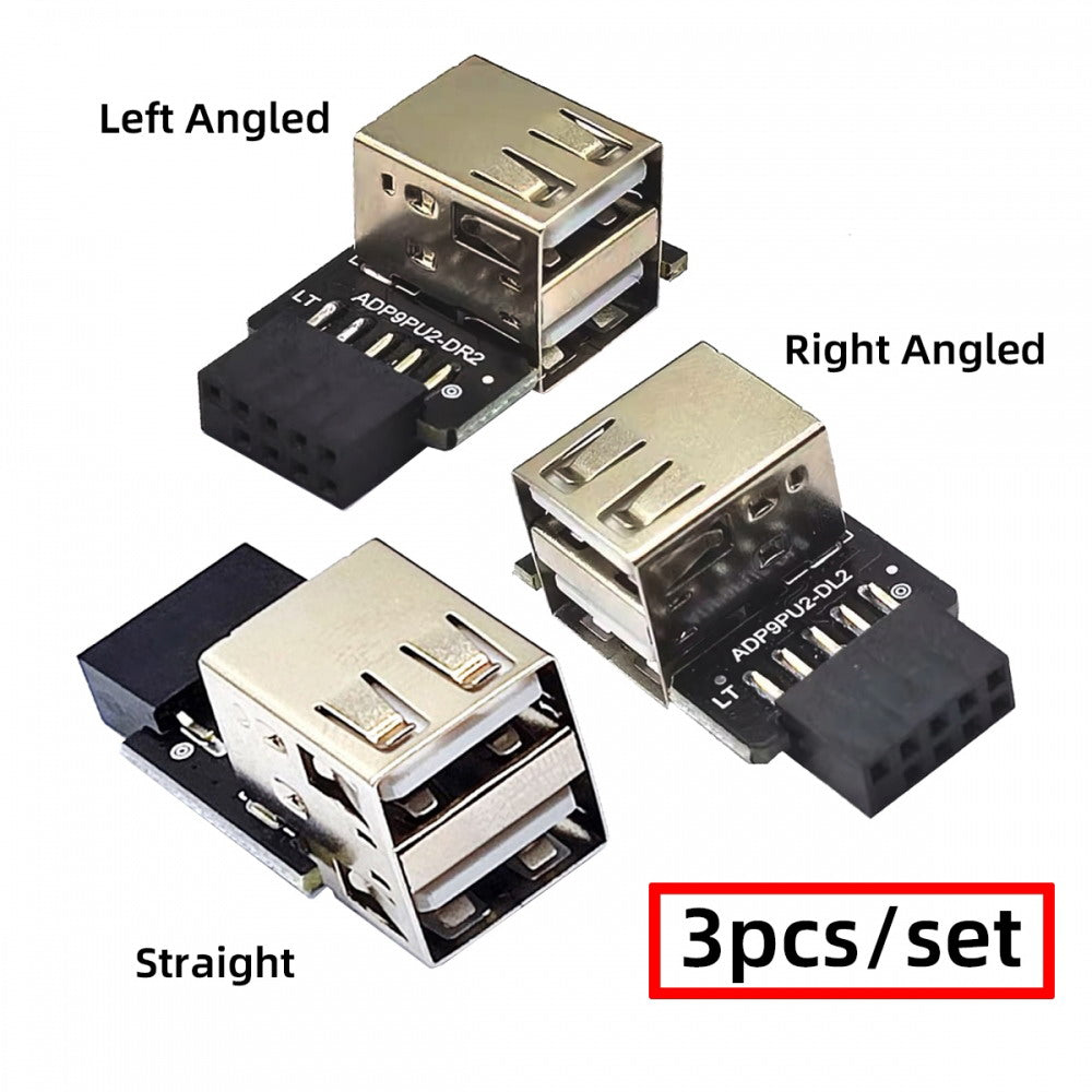 3pcs/set 9Pin/10Pin Motherboard Front Panel Header Female to Dual USB 2.0 Female Adapter Vertical Angled Type 90 Degree U2-075-2P