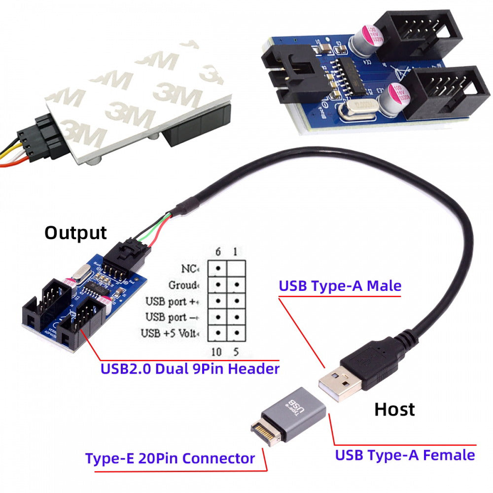 USB 3.1 Front Panel Header Male Type-E to USB 2.0 Type-A Male 1 to 2 Female Motherboard 9pin 10pinHeader HUB Adapter Port Multiplier U2-066+UC-010-AF