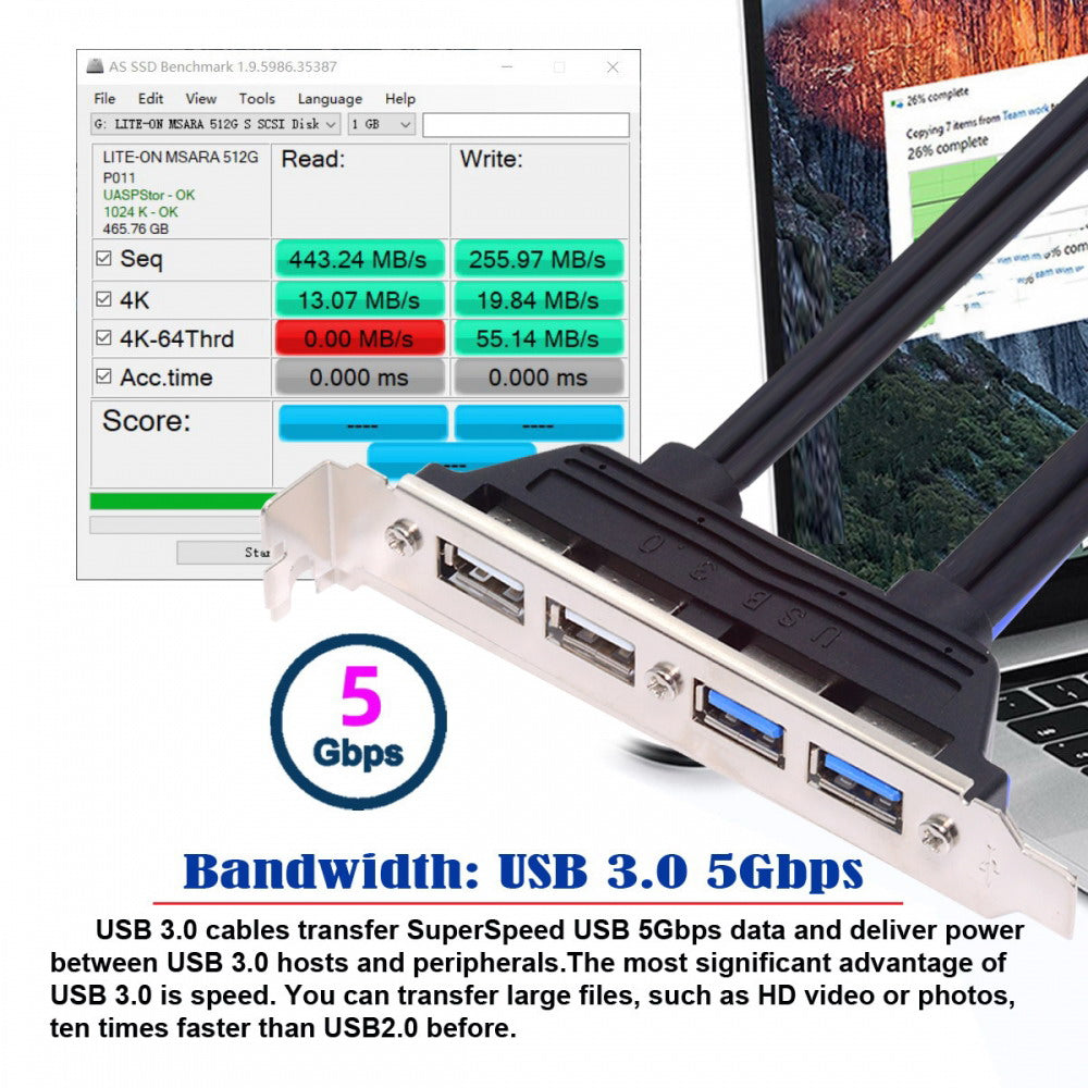 Internal Four USB2.0 & USB 3.0 Female Mount Panel to Motherboard 9pin 19pin 20pin Baffle Cable with PCI Bracket 50cm U3-066-U2