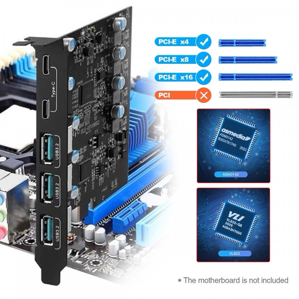 Three Type-A USB3.0 Back Panel Socket & Dual USB3.1 Type-C USB-C to PCI-E Express Card Adapter ASM3142 VL822 UC-083-5P
