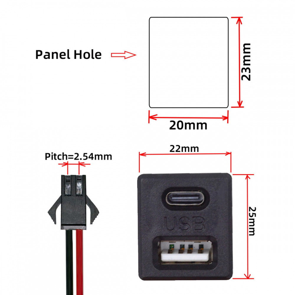 DIY OEM Type-C & Type-A Female Socket to 2Pin Header Cable Pitch=2.54mm Latch Mount Type DC 5V Power CN-028-CF