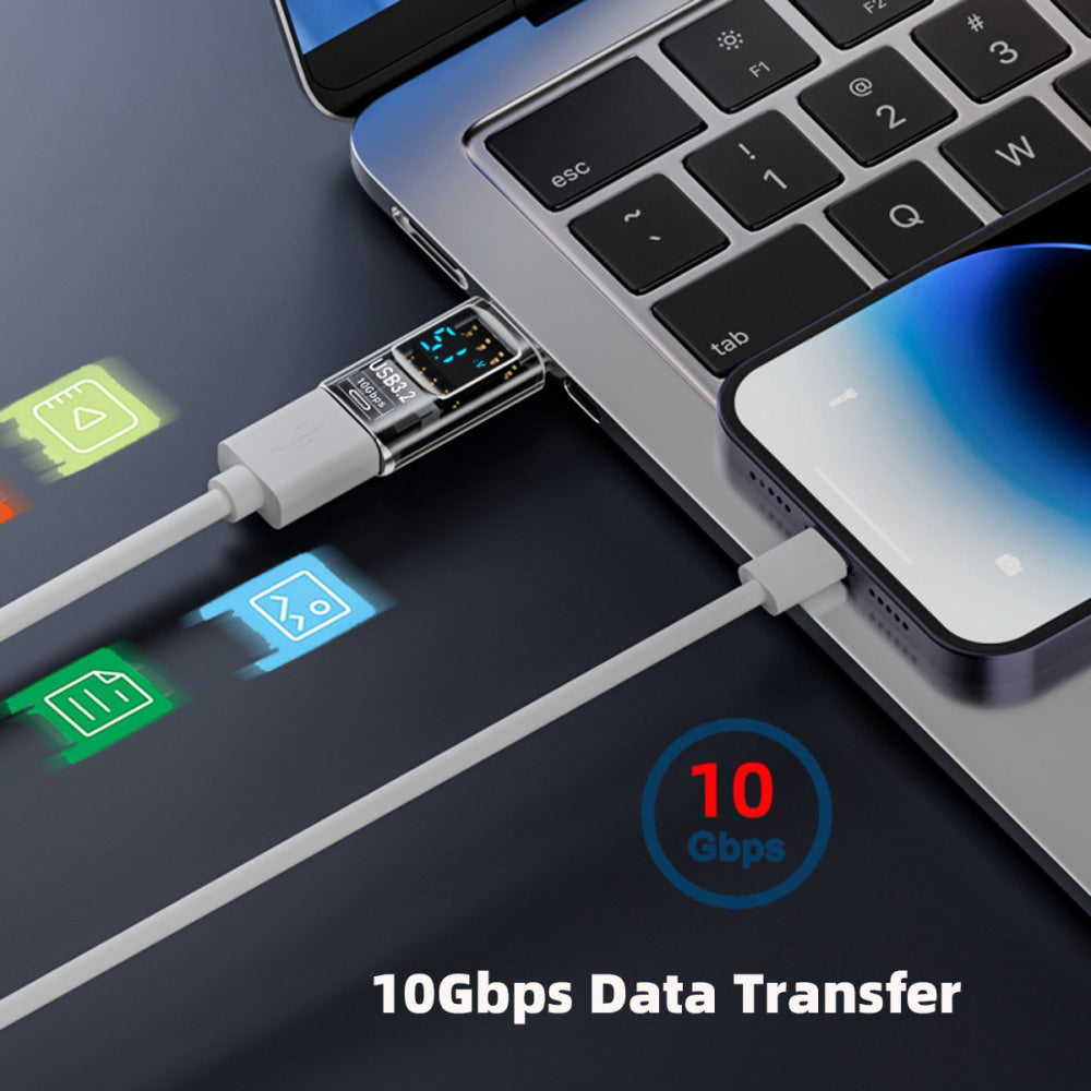 3pcs/lot Type-C Smart LED Display USB-C to USB3.2 Type-A Adapter 10Gbps Data Current Voltage Fast Charging Monitoring Display Tester Detector