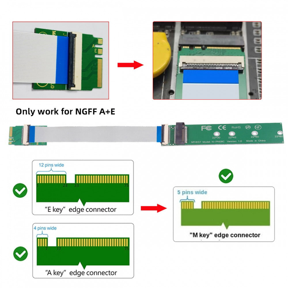 2230 NGFF A+E-Key Male to NVME M-key Female Extension Cable for Laptop Mainboard SSD 2280